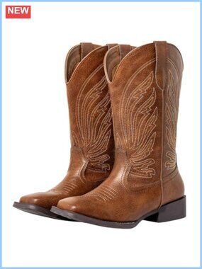 Extra Wide Calf Cowboy Boots Square Toe Faux Leather Womens